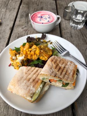 I can’t remember what this was called but it was Vietnamese I think the lady said, tofu inside.  The side was the marinated cauliflower. And a beetroot latte! All delicious  at Beetroot Sauvage in Edinburgh