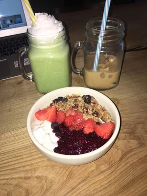 kale smoothie, fantastic iced coffee and delicious granola bowl! at Beetroot Sauvage in Edinburgh