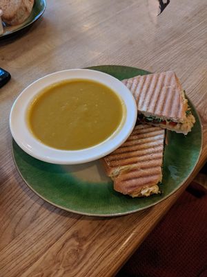 Leek, tattie and carrot soup with a hummus, olive and pepper panini at Beetroot Sauvage in Edinburgh