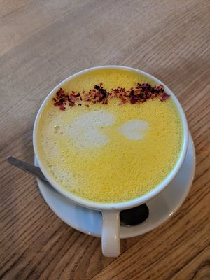 Oat milk turmeric latte at Beetroot Sauvage in Edinburgh