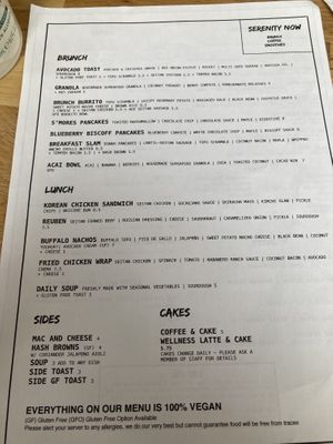Current food menu   at Serenity Now in Glasgow