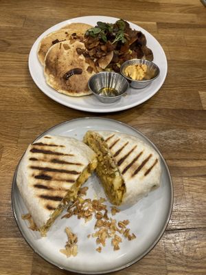 Buffalo chicken Mac & cheese burrito, and Breakfast Slam pancakes   at Serenity Now in Glasgow