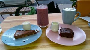 Chocolate tart, raspberry brownie and drinks  at Serenity Now in Glasgow