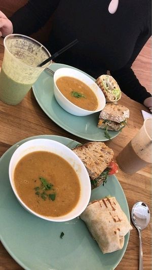Soup of the day with gyro wrap and tuna sandwich. Serenity Now smoothly and the coffee + peanut butter smoothly (forgot the name)    at Serenity Now in Glasgow