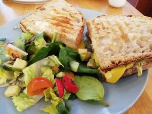 THERE WON'T BE BLOOD

sliced seitan deli meat, house mayo, cheese, lettuce and almond bacon on toasted sourdough at Serenity Now in Glasgow