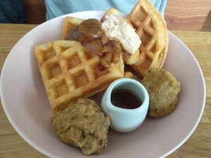 Chicken and delicious waffles. Love all the fixins' at Serenity Now in Glasgow