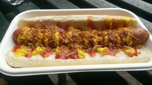 Jumbo dog at Shoe Tree Cafe in Newcastle Upon Tyne