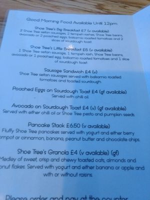 menu breakfast at Shoe Tree Cafe in Newcastle Upon Tyne