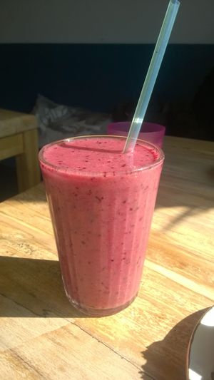 Raspberry, blackcurrant and banana smoothie at Shoe Tree Cafe in Newcastle Upon Tyne