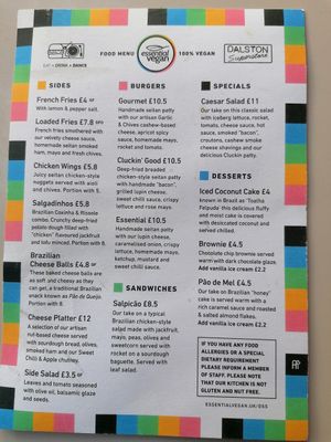 Current menu at Essential Vegan @ Ten to One Bar in North London