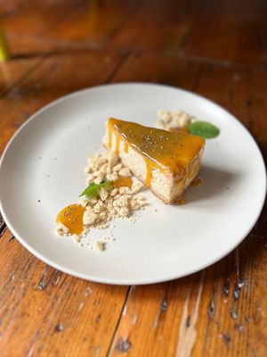 Passion fruit cheesecake at Essential Vegan @ Ten to One Bar in North London