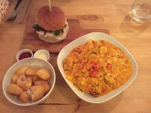 Cassava chips, jack fruit burger and the special! at Essential Vegan @ Ten to One Bar in North London