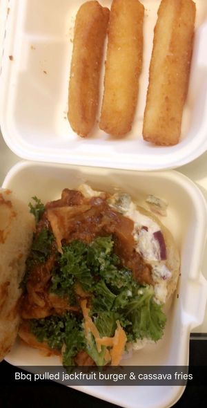 Bbq jackfruit burger & cassava fries  at Essential Vegan @ Ten to One Bar in North London