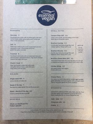 The menu at Essential Vegan @ Ten to One Bar in North London