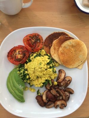 Delicious breakfast/lunch ? chickpea pancakes, tofu “omelette”, everything was just lovely! at Essential Vegan @ Ten to One Bar in North London