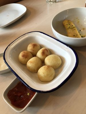 Cheese balls and fried yam at Essential Vegan @ Ten to One Bar in North London