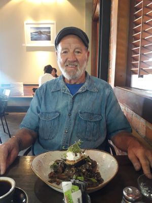 Dad with his mushroom bruchetta  at The Block Cafe in Auckland