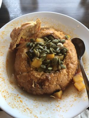Vegan pozole in a bread bowl at Creekside Restaurant at Kalaloch Lodge in Forks