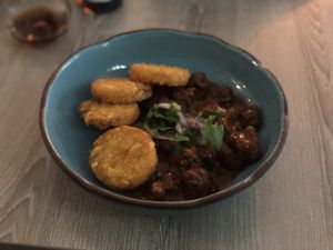 Beer goulash with potato pancakes   at Forrest Bistro in Prague