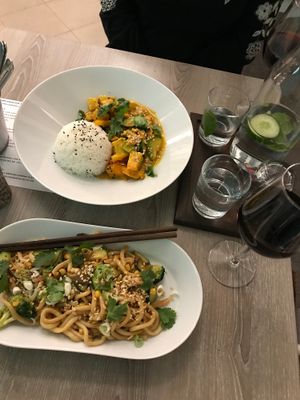 Vegetable curry and rice, and hoisin udon noodles  at Forrest Bistro in Prague