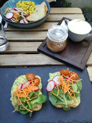 Scrambled tofu and avocado toast at Forrest Bistro in Prague