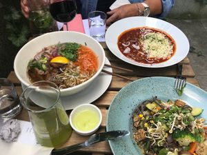 Vegan Gulash, Pho, and Red bean noodles plate at Forrest Bistro in Prague