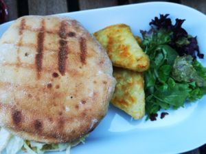 Bean pita burger with shallot relish and potato croquet at Forrest Bistro in Prague