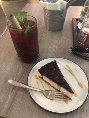 Cheesecake and cherry lemonade at Forrest Bistro in Prague