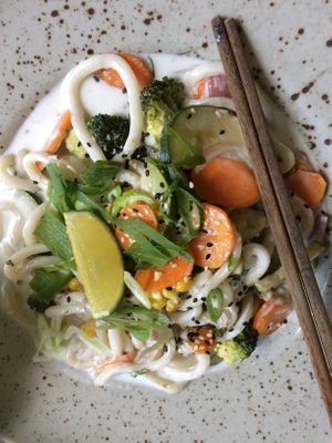 udon noodles with veggies and coconut sauce at Forrest Bistro in Prague