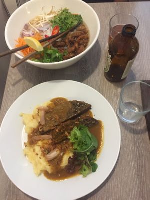 Pho soup 🍲 & lentil "meat" loaf with mashed potatoes and sauce at Forrest Bistro in Prague