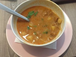 Excellent Frankfurt soup with seitan at Forrest Bistro in Prague