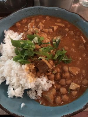 smoked tofu, chickpeas and peppers with rice at Forrest Bistro in Prague