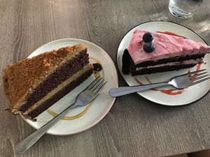 Biscoff and chocolate-raspberry cakes. Yum. at Forrest Bistro in Prague