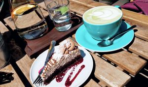 Matcha latte and banana cake at Forrest Bistro in Prague