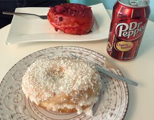 Vegan coconut and raspberry donuts. at La Donuteria in Bratislava