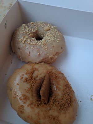 Peanut doughnut and lotus doughnut at La Donuteria in Bratislava