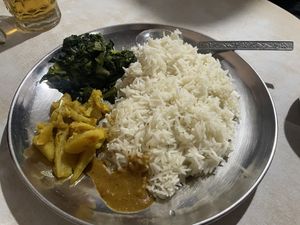 Dal bhat with cauliflour, potatoes and spinach  at Coffee & Vegetarian Food Home in Kathmandu