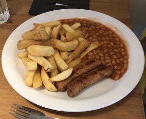Sausages, beans and chips  at The Jetty Cafe in Cromer