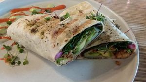 Chris' burrito with tempeh, potatoes, avocado, etc. at Cafe Nutrients in Naples