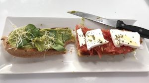 Avocado toast & the tomato queso fresco toast. Divine at Vegan Bombon in Alicante