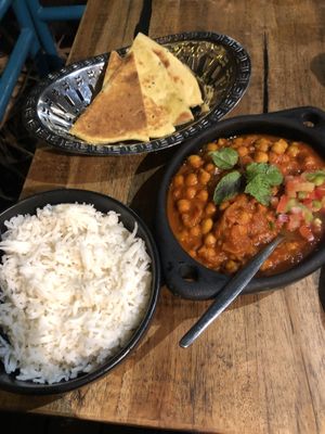Chick peas curry with rice and bread  at Mana Chita in Coffs Harbour