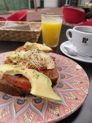 Morning sandwich, coffee and orange juice at Amelie Green in Gran Canaria
