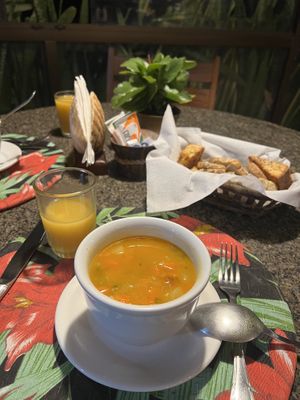 Dinner - Soup and toasts  at Pousada Ecohar Yoga in Maragogi