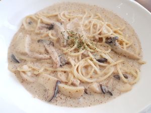 Soymilk perilla mushroom pasta. at Sun - 카페 in Seoul