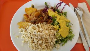 Vegzivanska so salatom ryzou a co ma milo prekvapilo sosovicovym dipom:) mnamka! at Veg Life - Prievoz in Bratislava