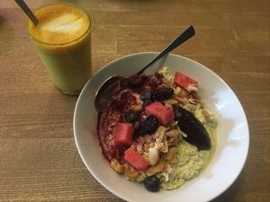Bircher muesli with hemp protein, hibiscus and chia seeds at Mana - Schöneberg in Berlin