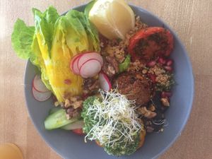 Falafel, quinoa, activated charcoal hummus, walnuts, pesto and veggies galore at Mana - Schöneberg in Berlin