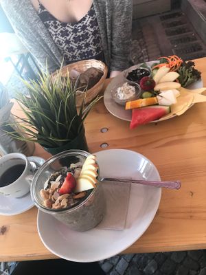 Breakfast plate (good!) and Ayurveda porridge (very bland) at Mana - Schöneberg in Berlin