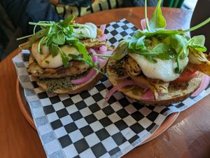 "chicken" pesto bagel at Bite Me Cafe in Madrid