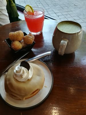 Toffe donut & Matcha Latte at Bite Me Cafe in Madrid